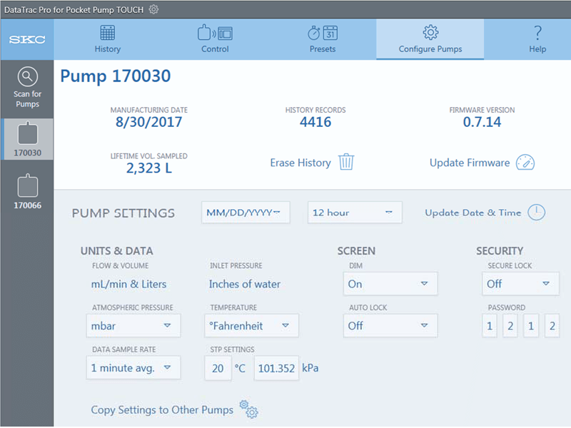 DataTrac Pro Configure Pumps Screen